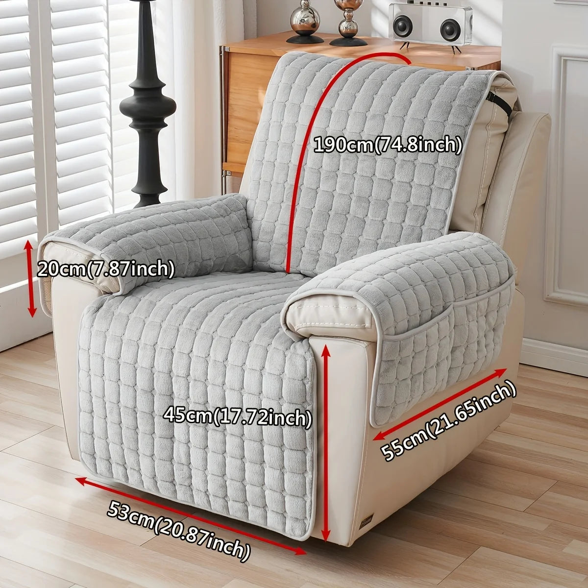 housse chaise coussin gris quadrillé moderne confortable adhésif poches polyester 190cm longueur