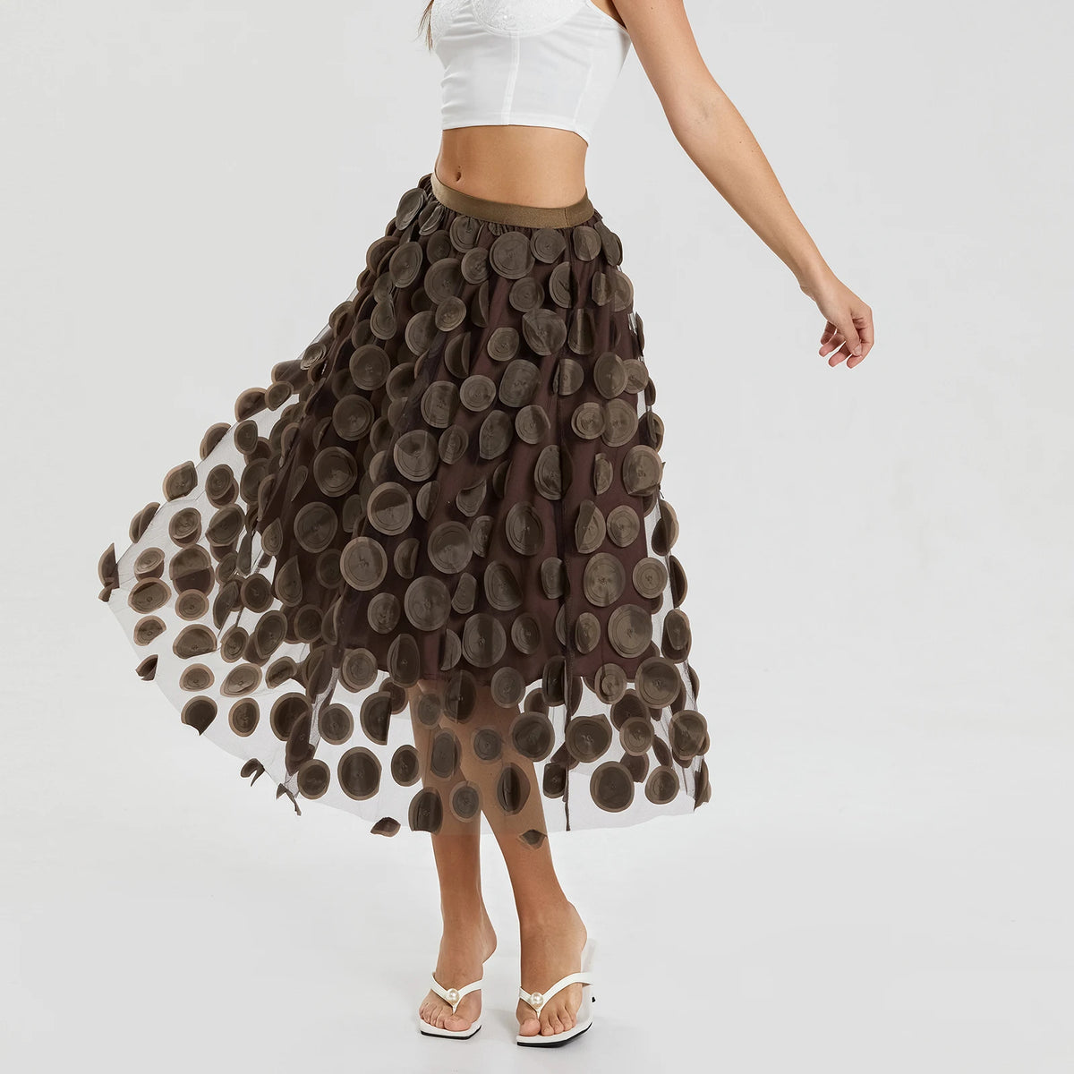 jupe marron rose transparente moderne élégante ceinture ajustable polyester femelle été mi mollet