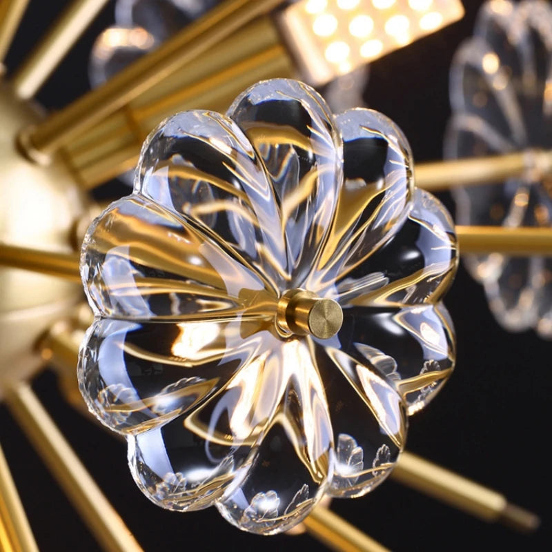 suspension lumineuse moderne or transparent cristal fleurs élégante chaîne métallique lumière led warm cool