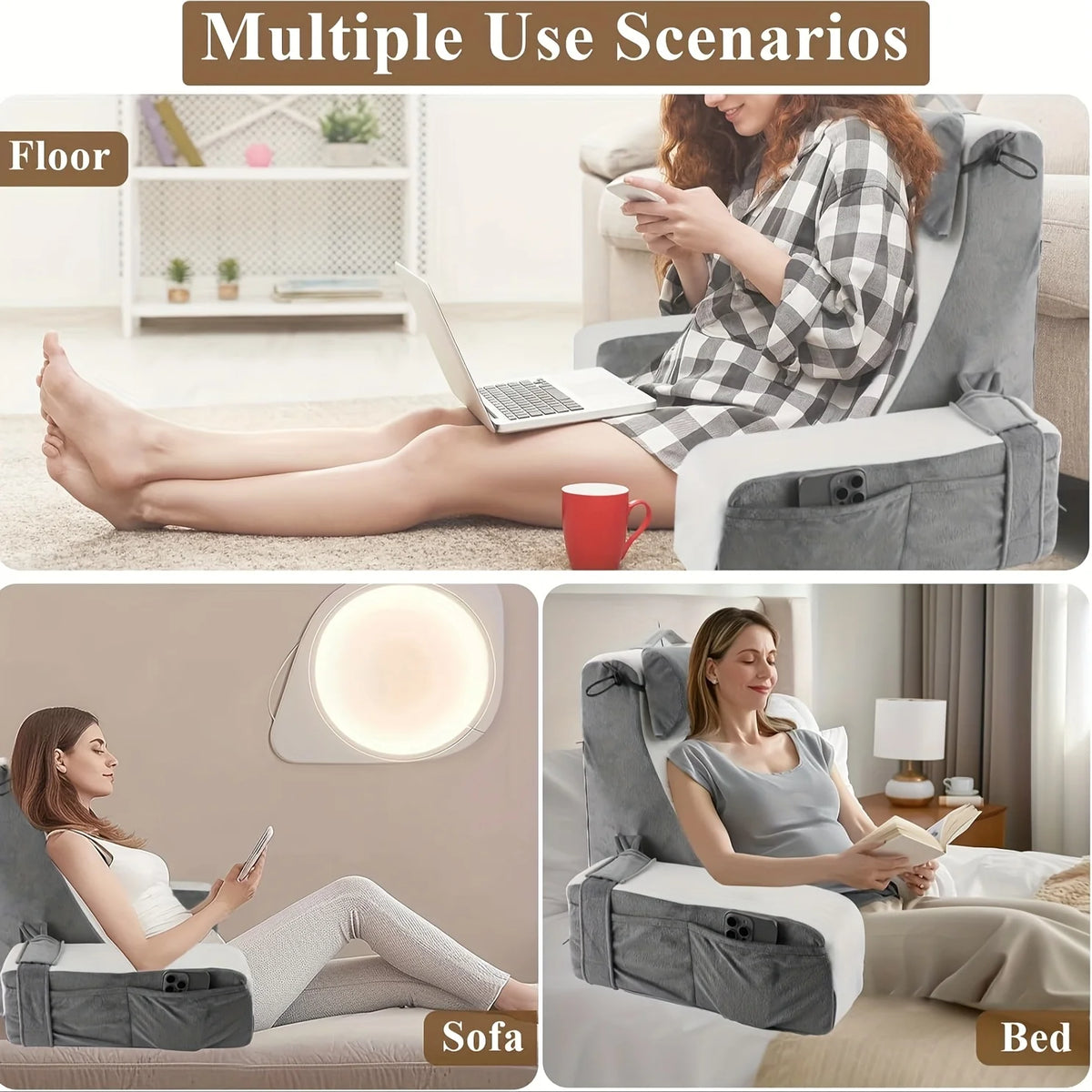 coussin repos pliable ergonomique velours gris blanc support lombaire portable