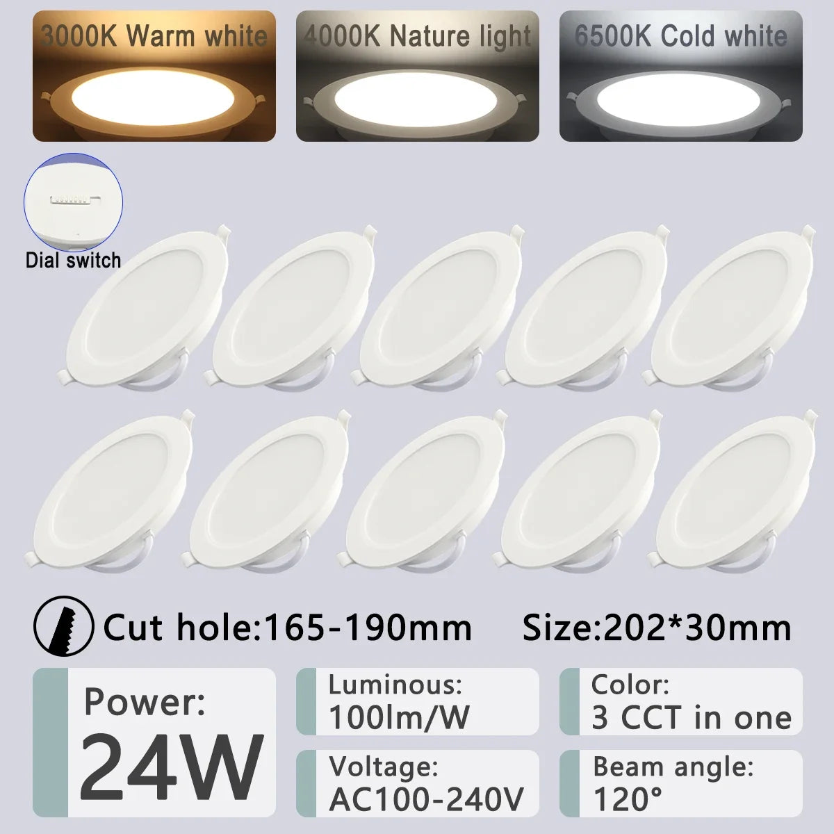 ampoule led downlight spot blanc moderne interrupteur gradateur 3000k 4000k 6000k 10w 24w