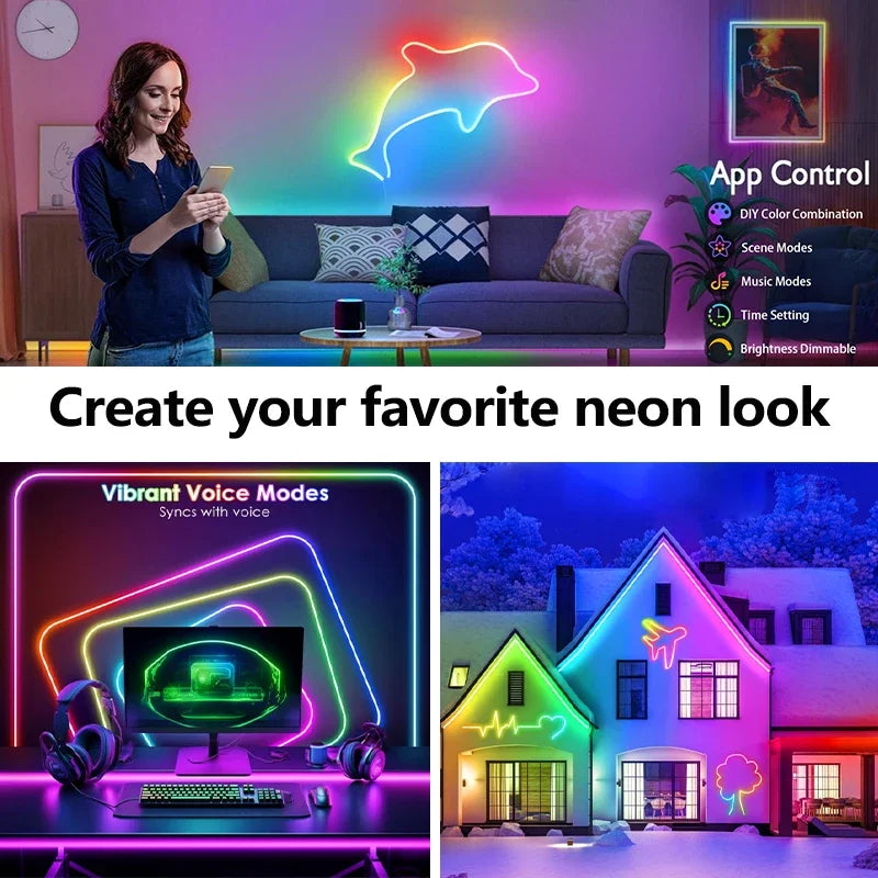 ruban lumineux néon multicolore flexible moderne clips fixation bluetooth contrôlable étancheextérieur