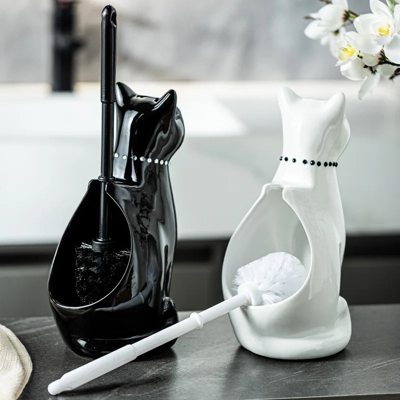 brosse toilette céramique forme chat noir blanc moderne élégante salle bains fun quotidien