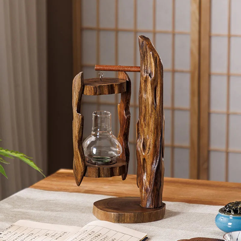 lampe poser bois marron verre transparent rustique artisanale hauteur 40cm base circulaire zen minimaliste