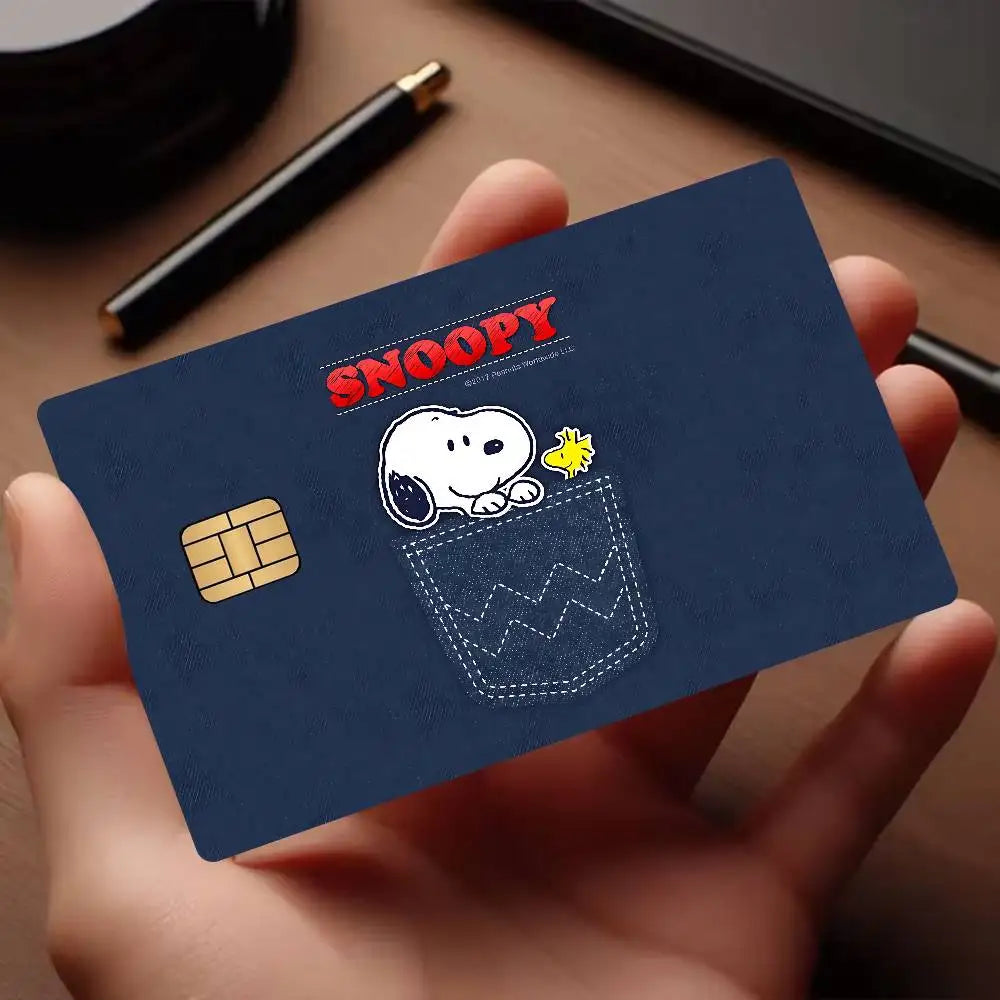 autocollant carte credit snoopy happy holidays bleu marine moderne