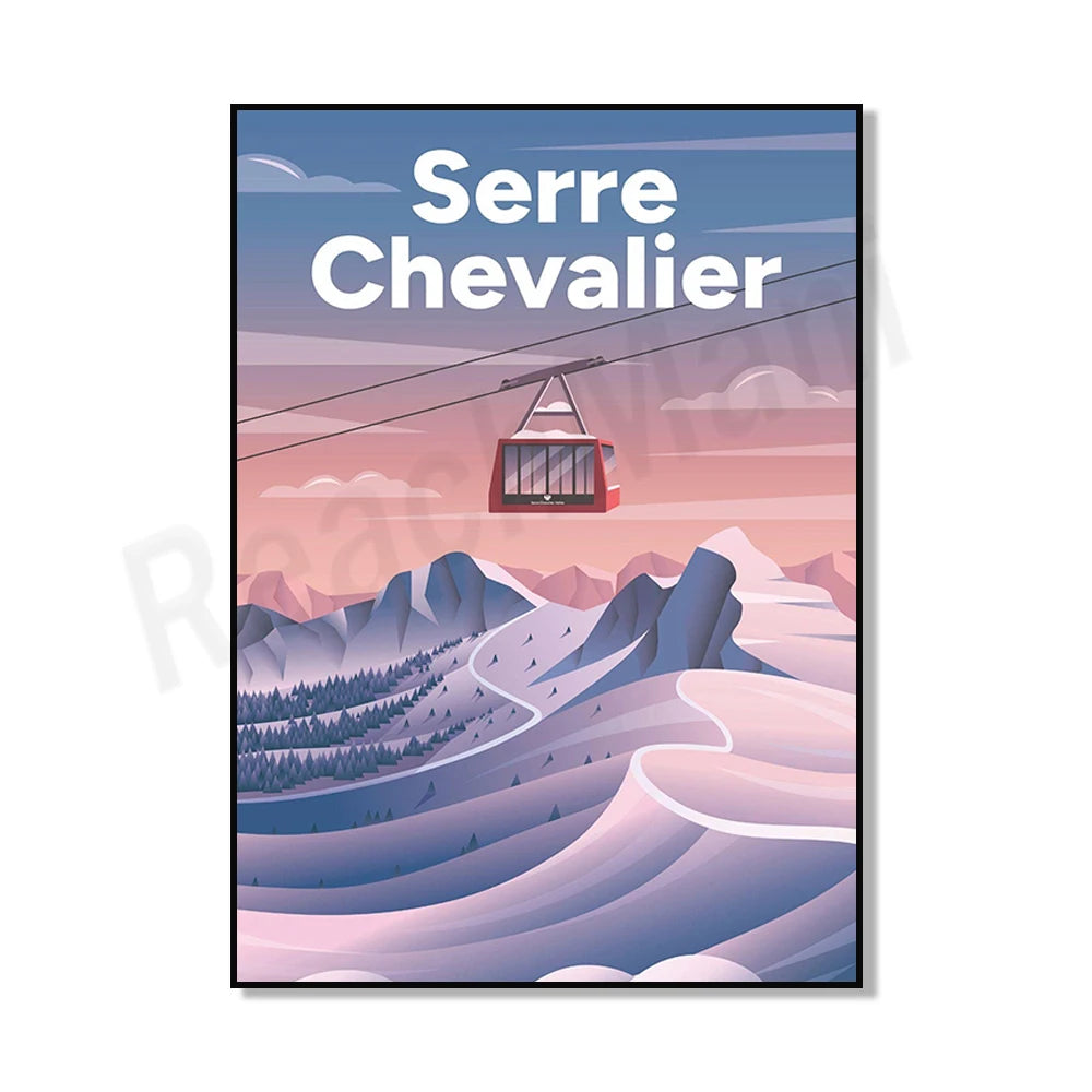 Paysage enneigé avec une remontée mécanique surplombant les montagnes et forêts dans un style graphique coloré.