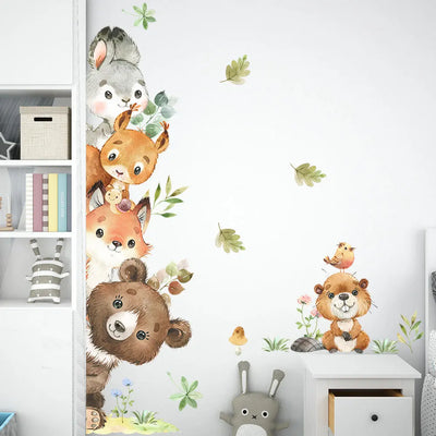 Sticker mural animaux forêt ours lapin multicolore