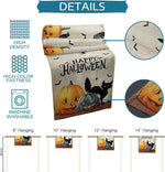 L'image présente une série de décorations murales pour Halloween, avec des citrouilles, des chauves-souris et un chat noir dans un style vintage. Les différentes tailles disponibles sont indiquées, ainsi que les informations sur la haute densité, la couleur vive et le lavage en machine.