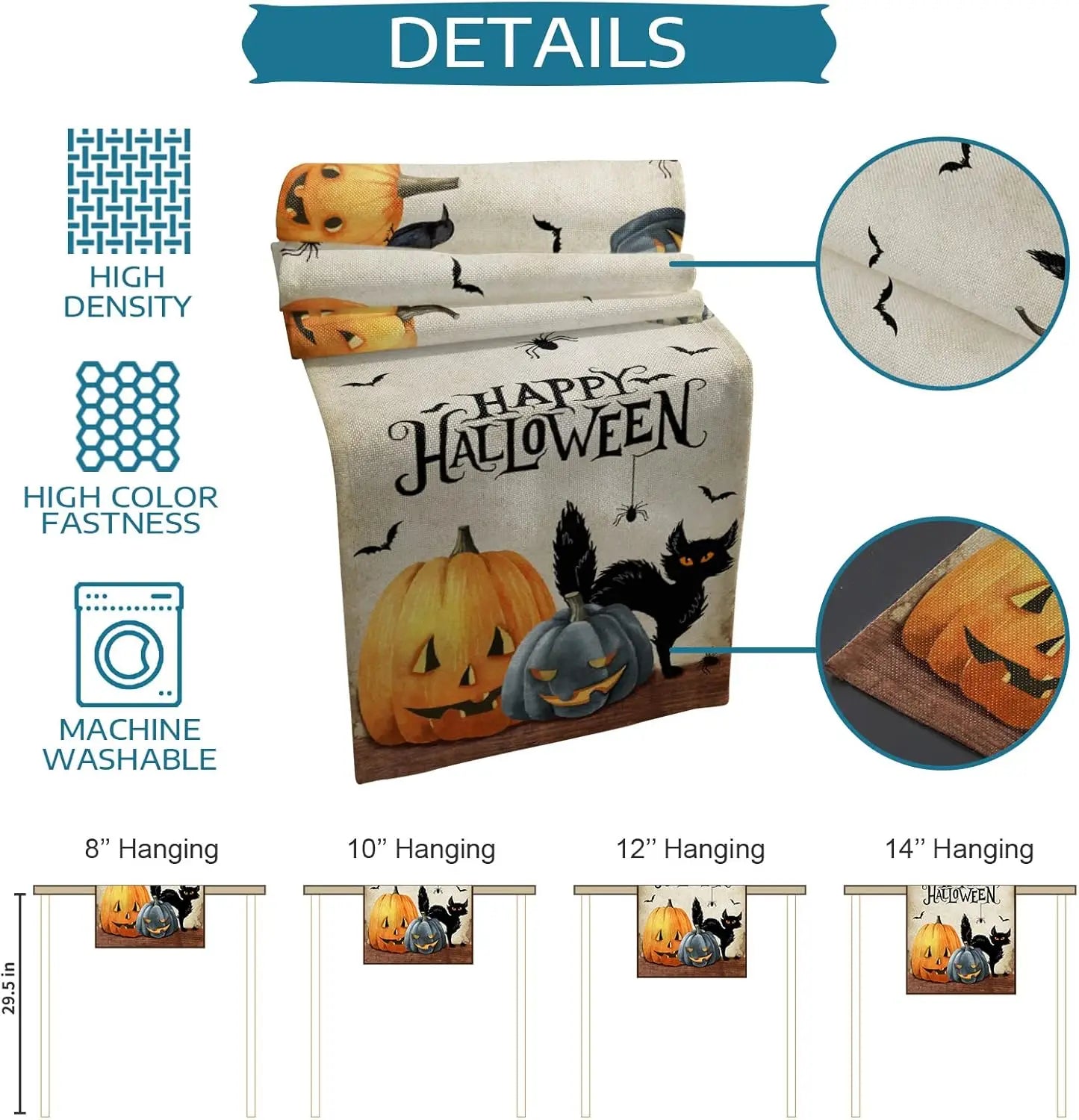 L'image présente une série de décorations murales pour Halloween, avec des citrouilles, des chauves-souris et un chat noir dans un style vintage. Les différentes tailles disponibles sont indiquées, ainsi que les informations sur la haute densité, la couleur vive et le lavage en machine.