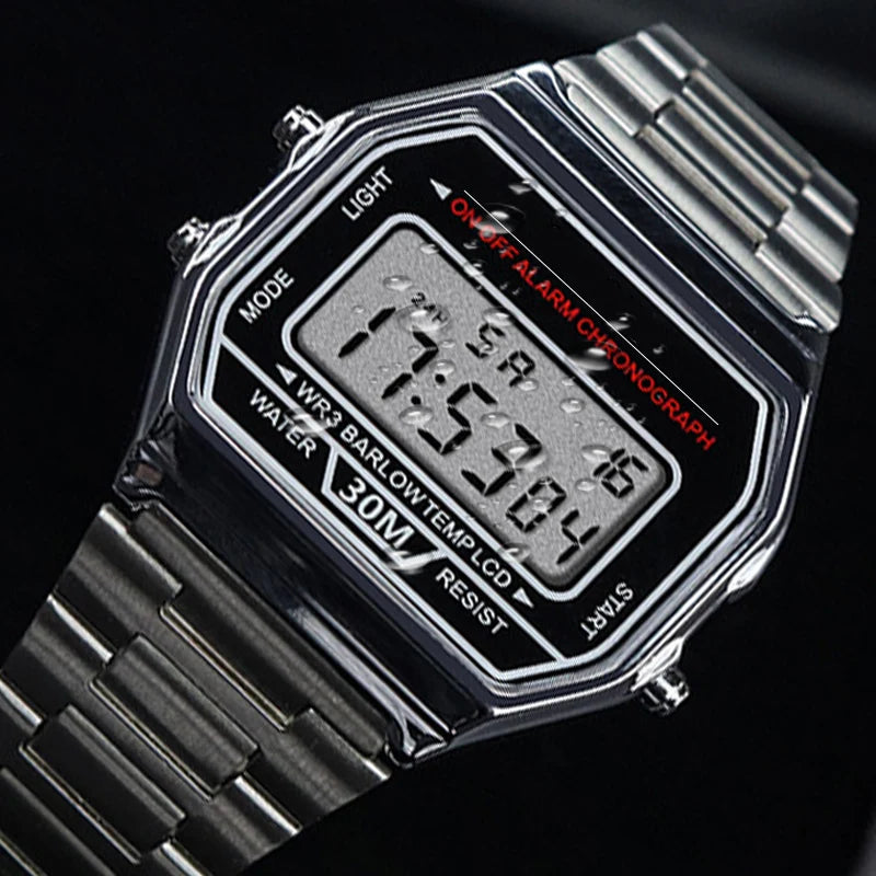 montre numérique rectangulaire affichage lcd rétro résistante chocs alarme date auto semaine noir rose