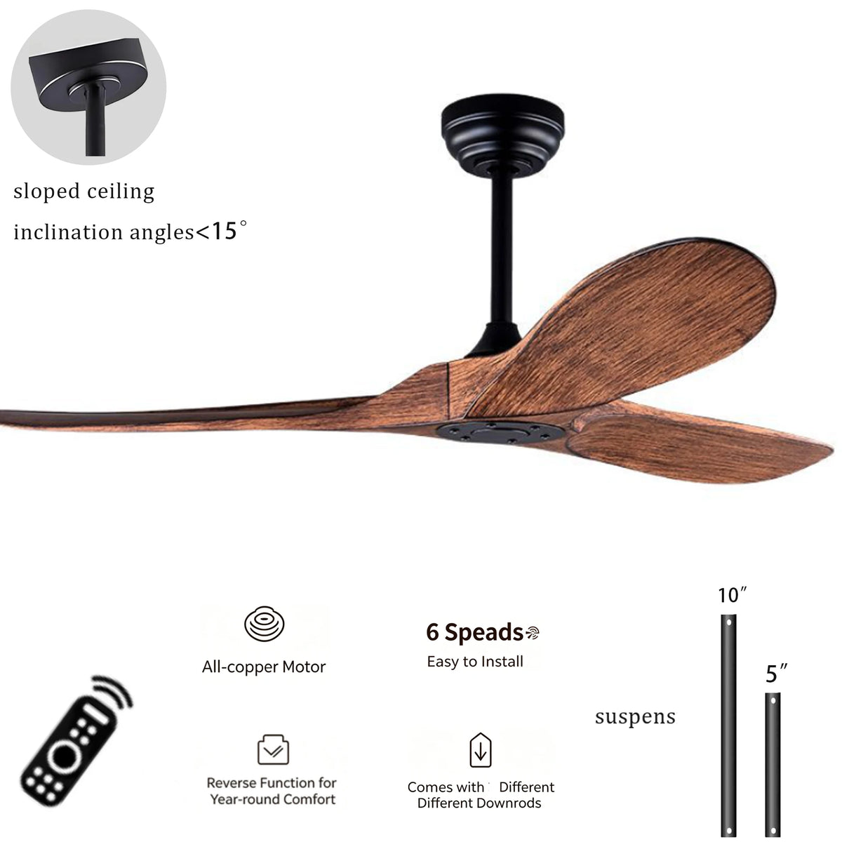 ventilateur moderne 52 60 pouces marron noir vitesses télécommande silencieux