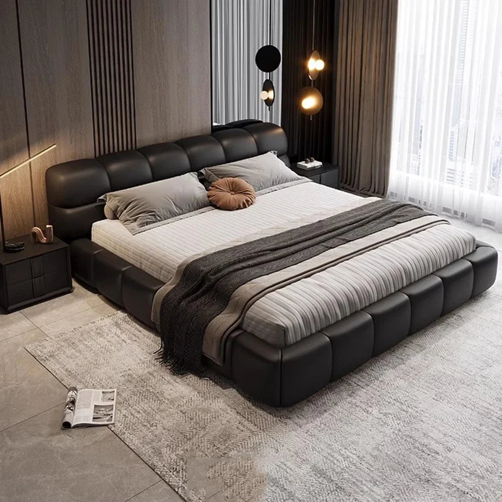 lit moderne noir simili cuir 165cm 195cm 215cm oreiller couverture chambre coucher