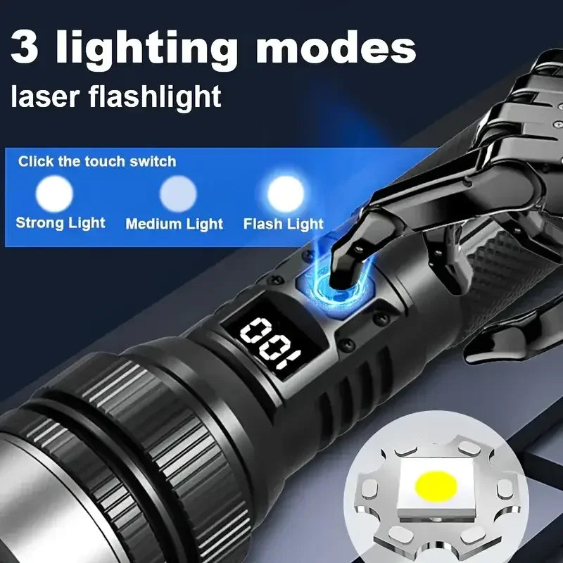 lampe poche led rechargeable zoom écran numérique 15w 100mètres noir texturé moderne