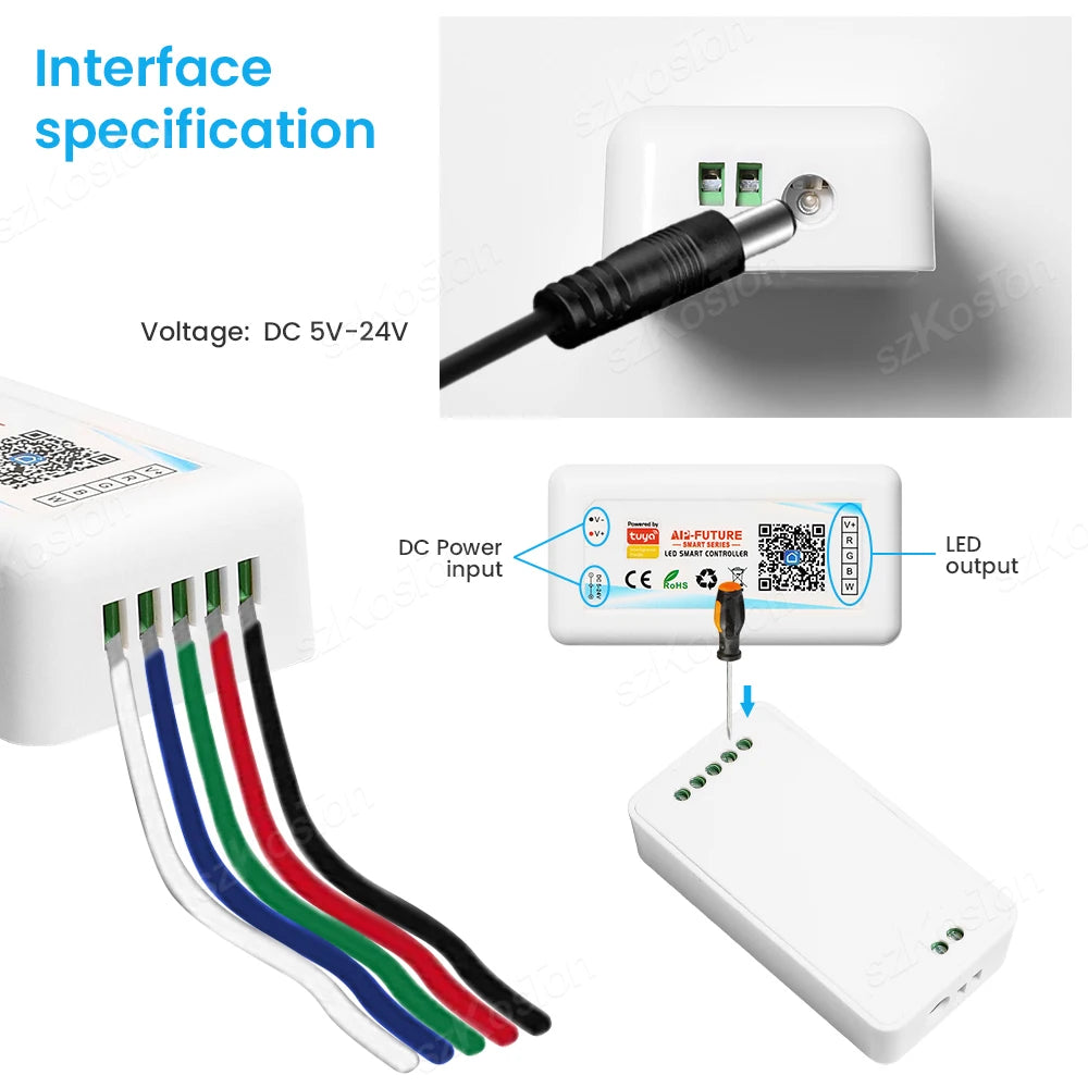 contrôleur led intelligent wifi rgb rgbw cct blanc moderne câbles fixations oriellets