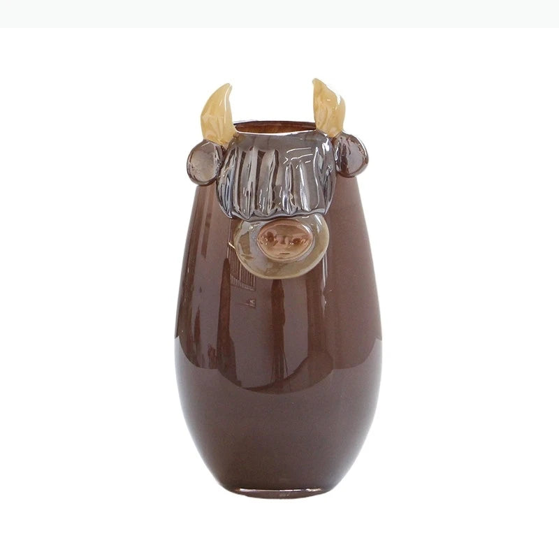 vase tête vache hauteurs cornes marron crème décoration table rustique fleuri moderne chambre salon