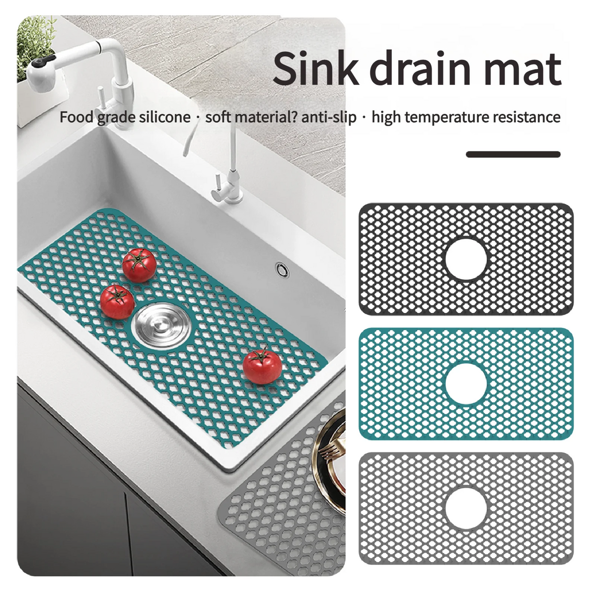 tapis drain silicone perforé moderne gris bleu fond évier respectueux environnement 63x33cm