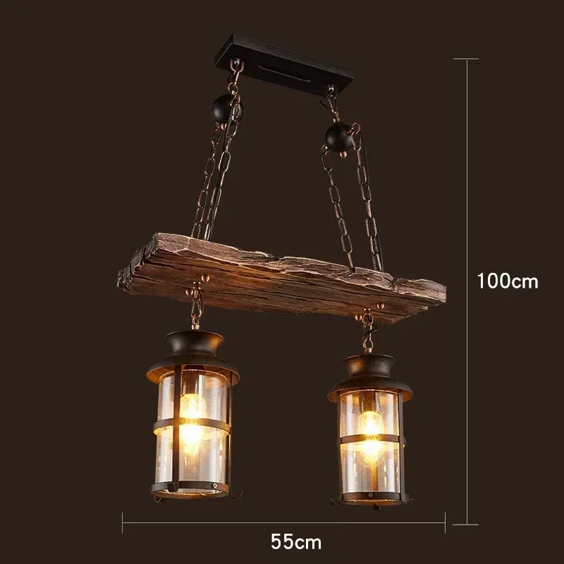 suspension lumineuse bois rustique verre translucide vintage industriel chaînes métalliques ampoules filament