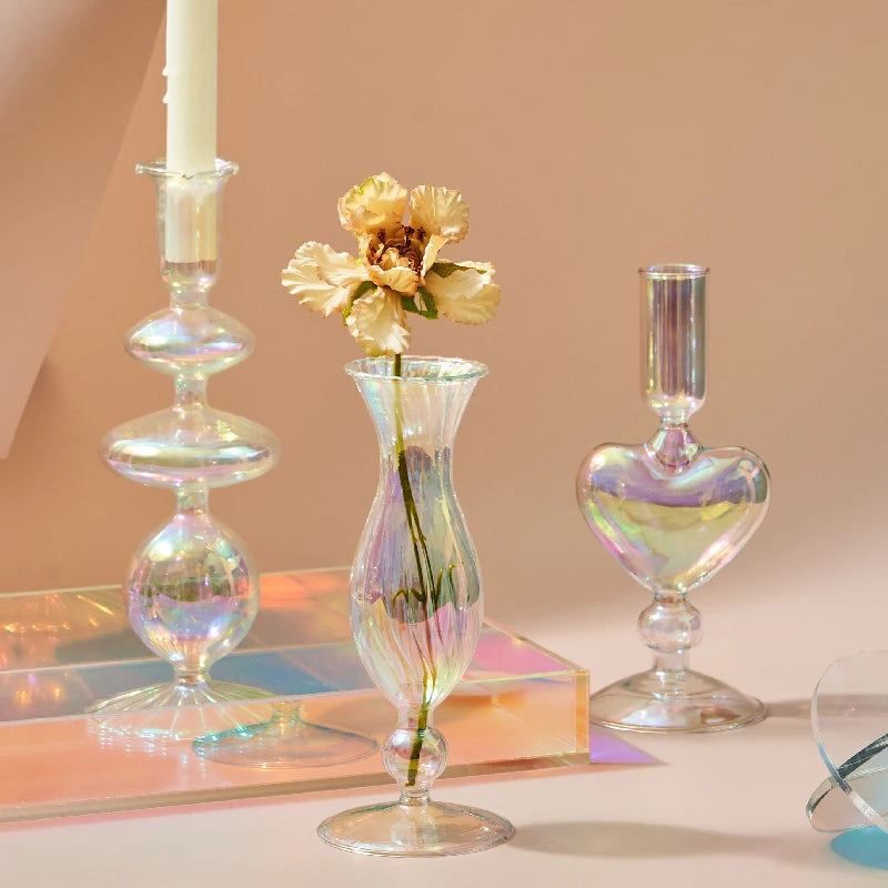 décoration intérieure verre irisé bougeoir vase transparent effet arc ciel spiral geometrique vintage boheme