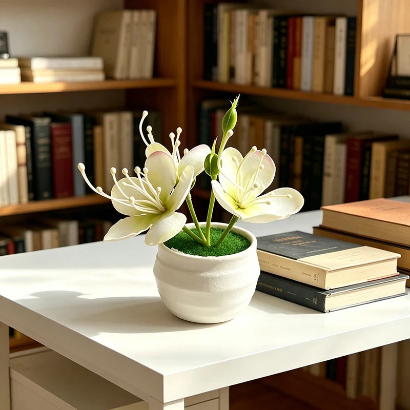 plante artificielle verte moderne fleurs roses blanches décoration intérieure basse posée chambre salon