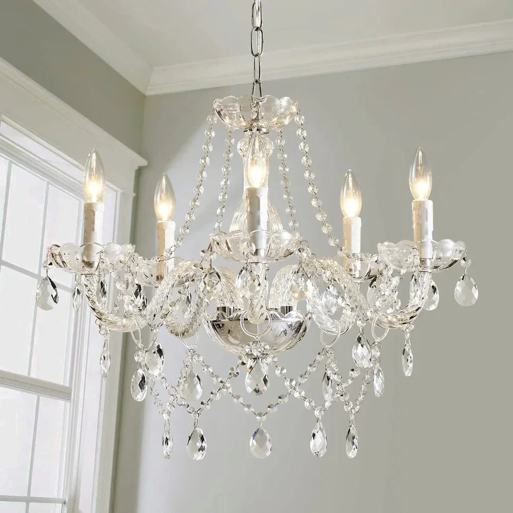chandelier cristal transparent argenté classique baroque bougies led luminaire suspension salon chambre