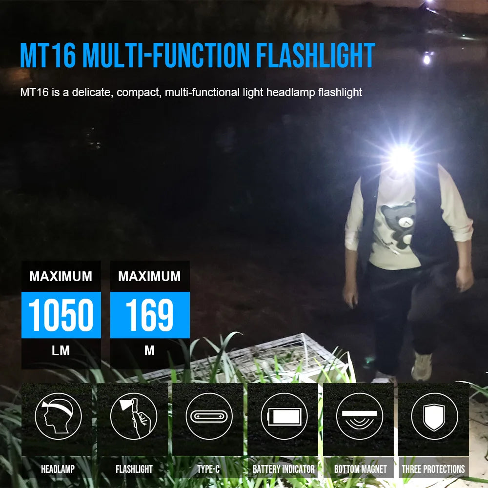 lampe frontale rechargeable led 1000lm noire tactique ipx8 multifonction mt16