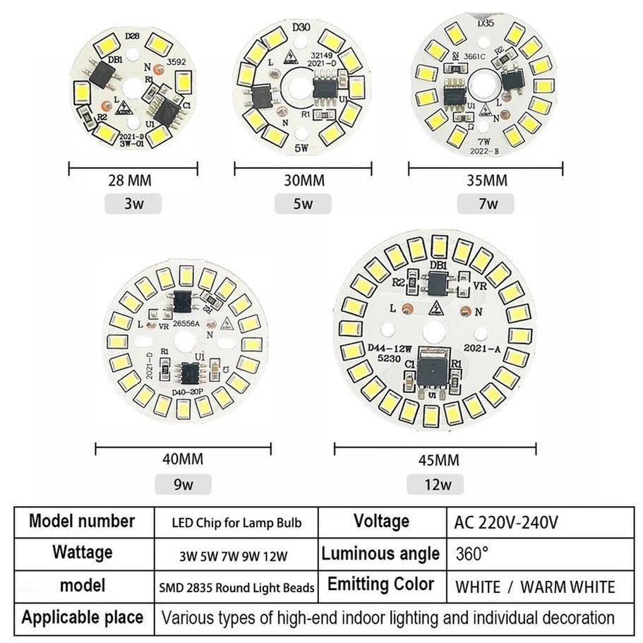 puce led 3w 5w 7w 9w 12w smd 2835 ac 220v 240v blanc froid
