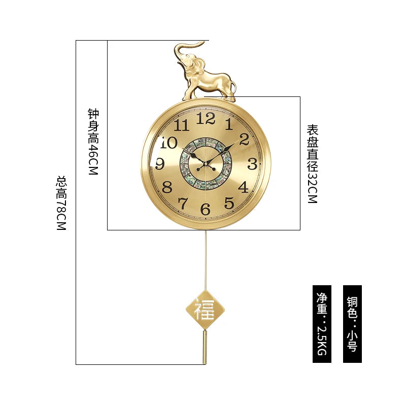 horloge murale classique or bleu chiffres noirs salon élégante métal verre pendule symbole chinois