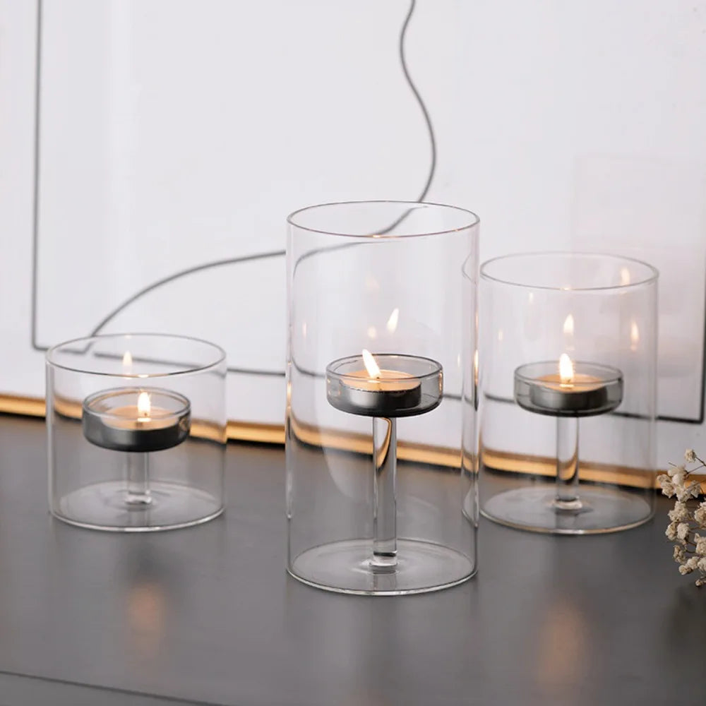 bougeoir transparent moderne bougie allumettes pied central table fête