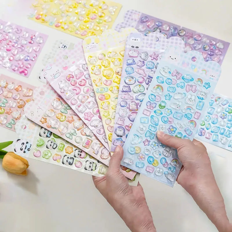 sticker adhésif kawaii animaux coeurs étoiles pastel multicolore transparent reflets