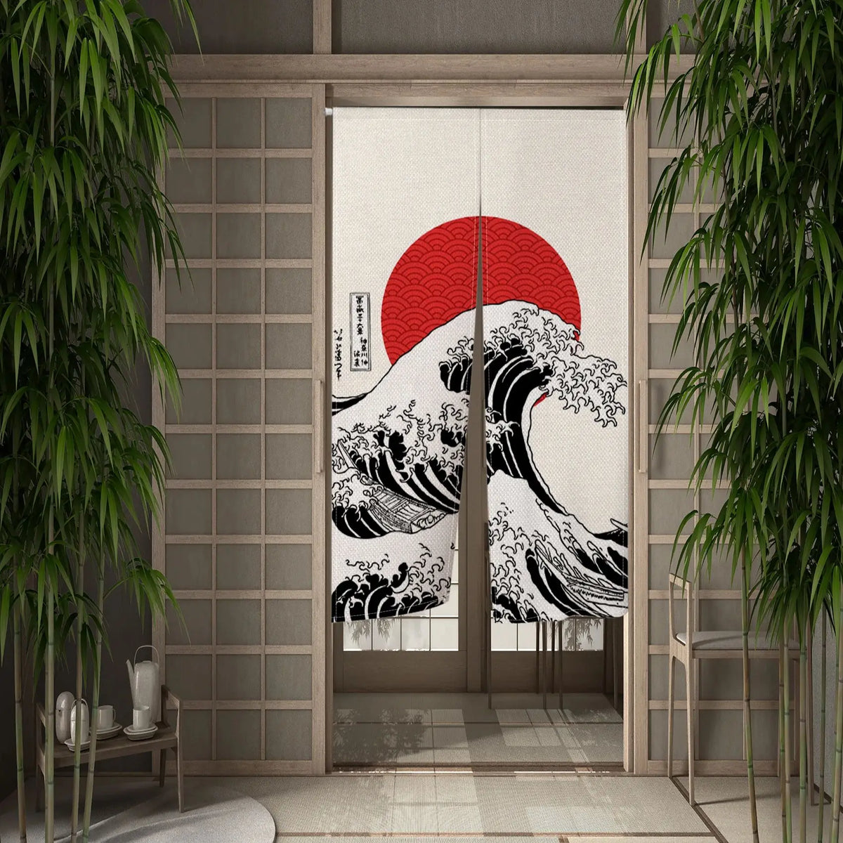 rideau porte art japonais fleurs cerisier ondulé opaque crochets moderne blanc rouge noir