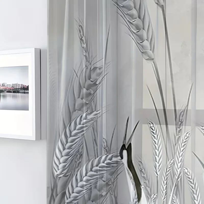 rideau imprimé oiseaux épis blé moderne transparent blanc gris fixations polyester large choix dimensions