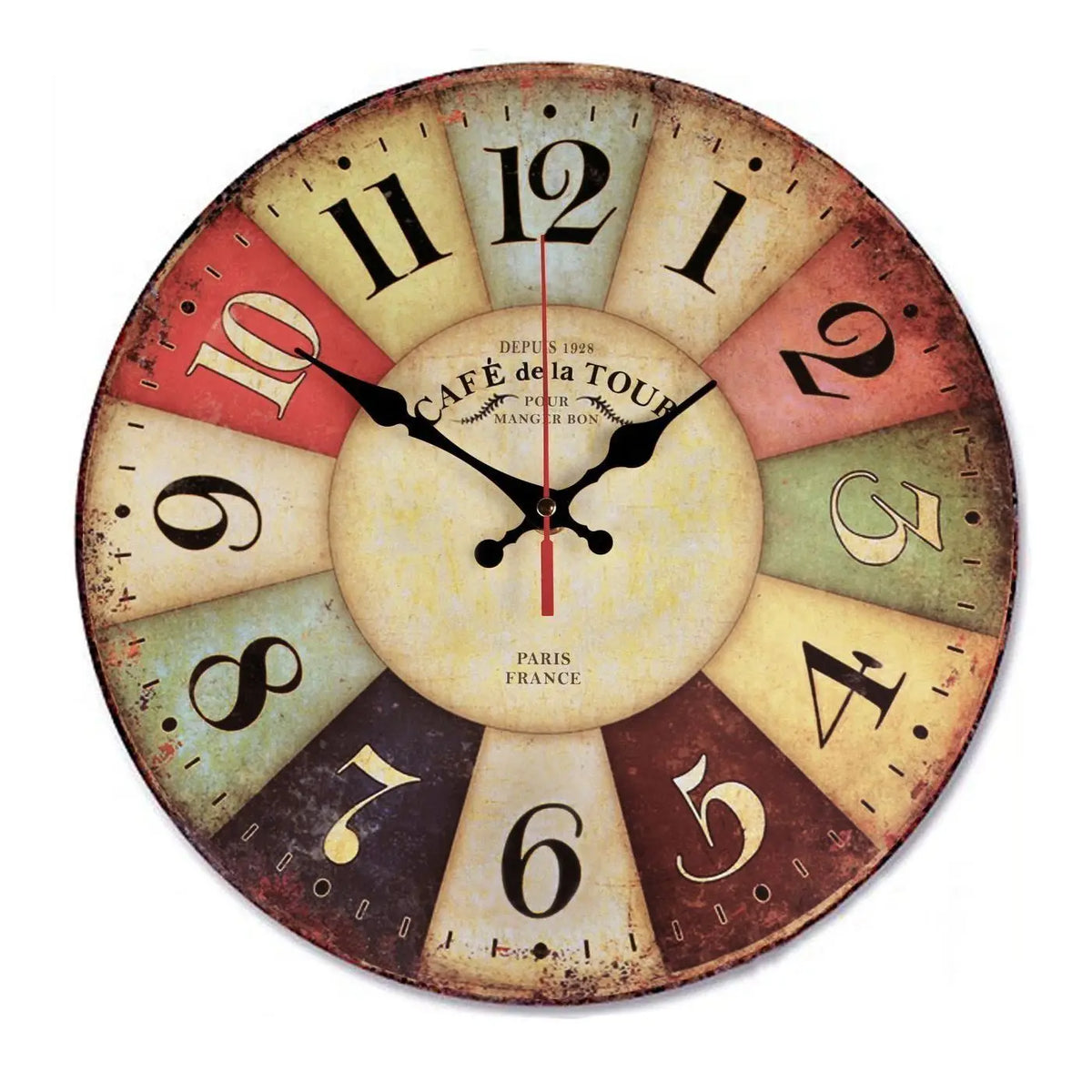 horloge murale vintage rustique couleurs vives chiffres grands effet vieilli analogique