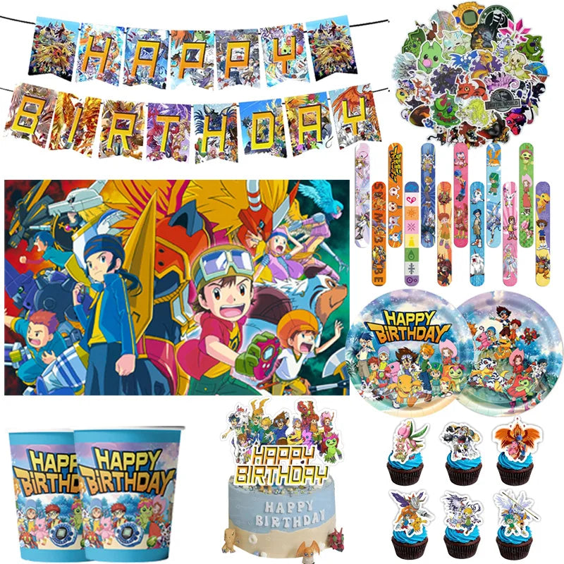 accessoires fête digimon thème anniversaire assiettes gobelets ballons guirlande decorations gâteau happy birthday