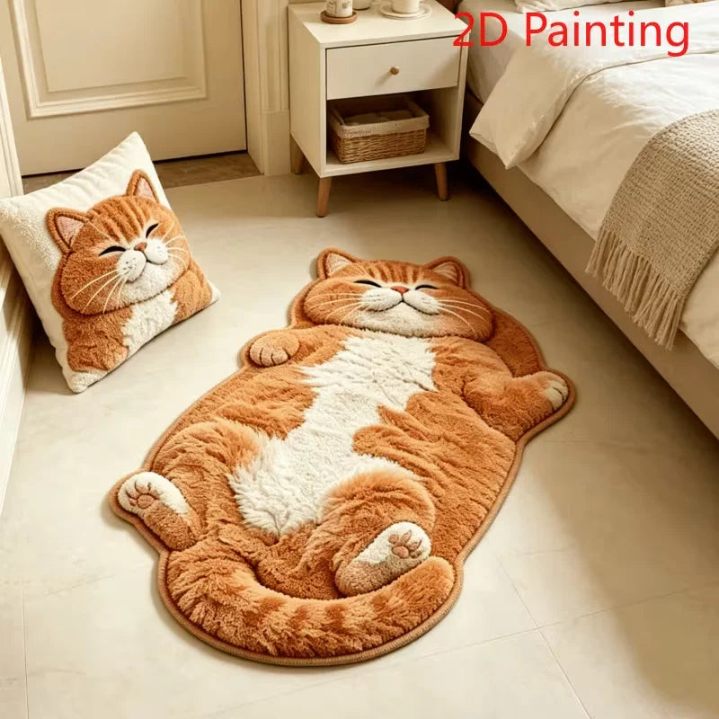 tapis peluche chaton orange blanc 3d décoratif chambre salon coussin assorti pile désossée