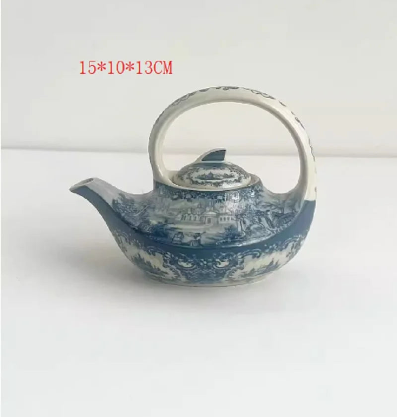 service thé céramique blanc bleu toile jouy poignées théière caféière soupière tasses