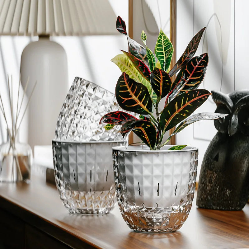 Pots fleurs transparents double couche auto arrosage plantes vertes fleurs texturées moderne