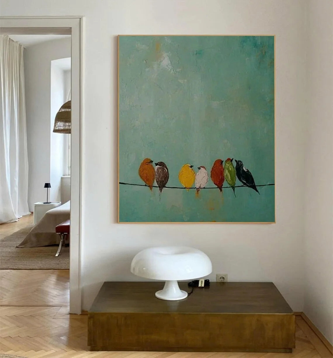tableau abstrait oiseaux colorés moderne vert orange marron jaune blanc rouge noir doré