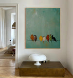 tableau abstrait oiseaux colorés moderne vert orange marron jaune blanc rouge noir doré