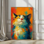 tableau abstrait chat souriant moderne couleur vives orange jaune bleu rouge blanc