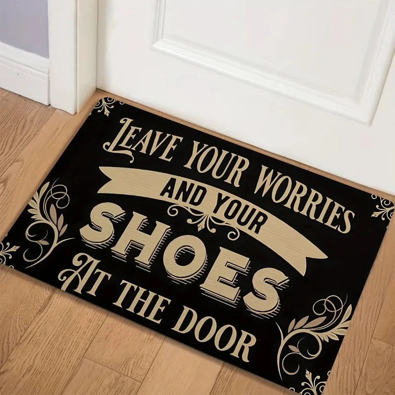 tapis d'entrée moderne antibactéries antirides antidérapant noir motifs floraux textes chaussures salon