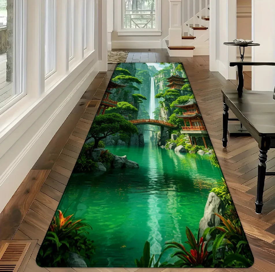 tapis moderne paysager cascade ponts végétation vert bleu blanc beige noir salon chambre decoration