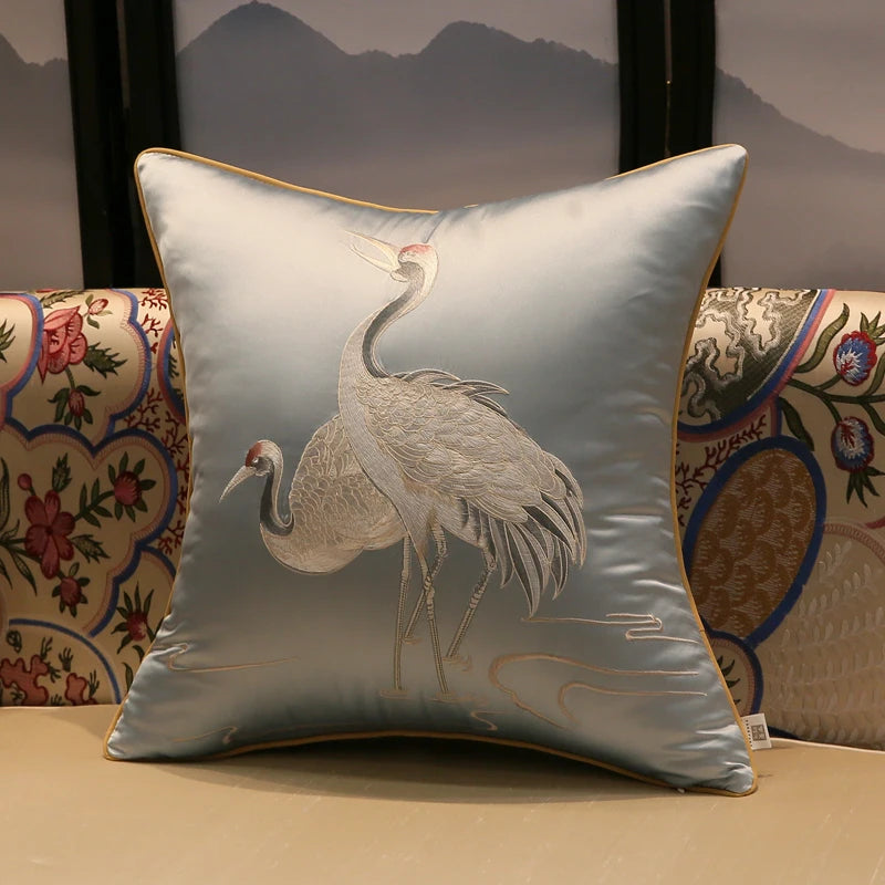 taies d'oreiller brodées oiseaux traditionnel bleu beige doré maison hospitalière imperméable respectueux environnement 45x45cm