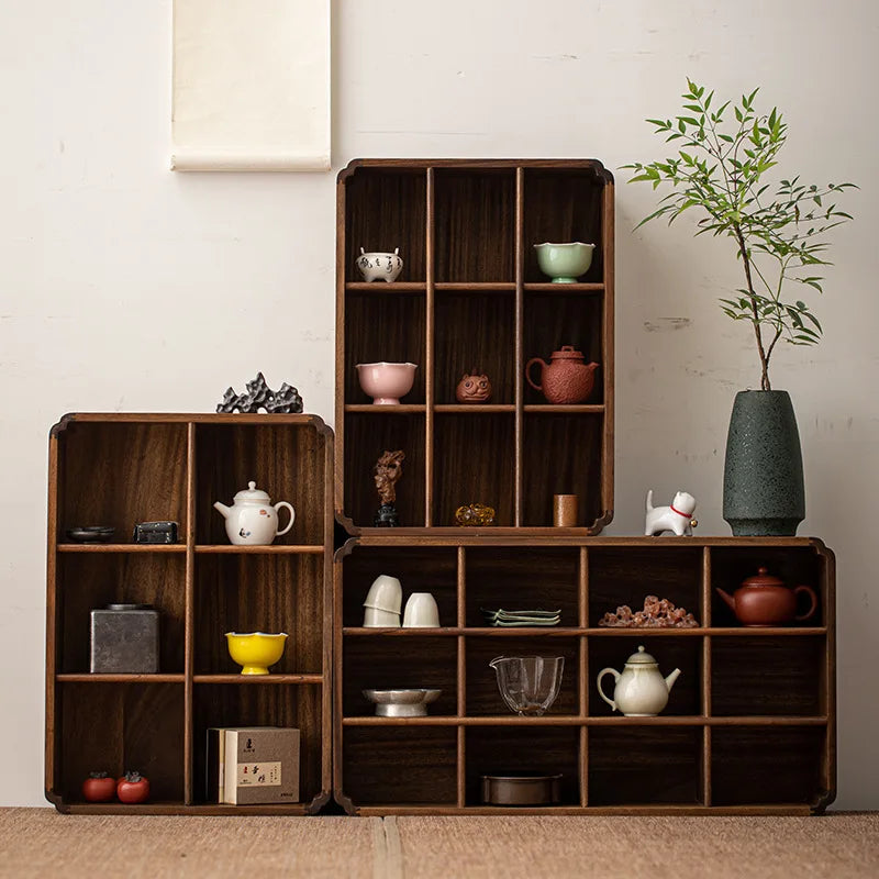 meuble compartiments marron foncé bois naturel moderne rangement objets décoration