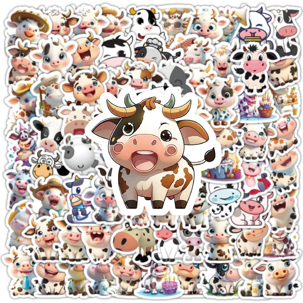 stickers vache cartoon kawaii random couleur pack 100 pieces stickers animaux imperméables téléphone ordinateur