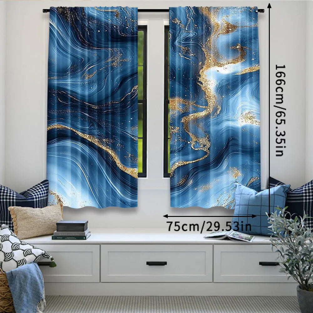 rideau moderne bleu doré marbré polyester opaque deux panneaux effet liquide élégant