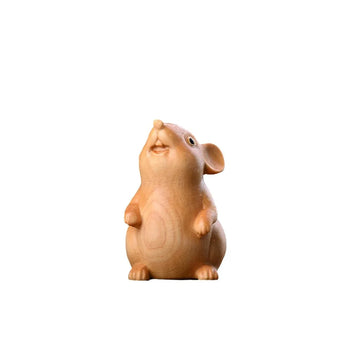 statue animale stylisée souris hamster yeux bleus sculpture bois polie décoration intérieure mignonne brune