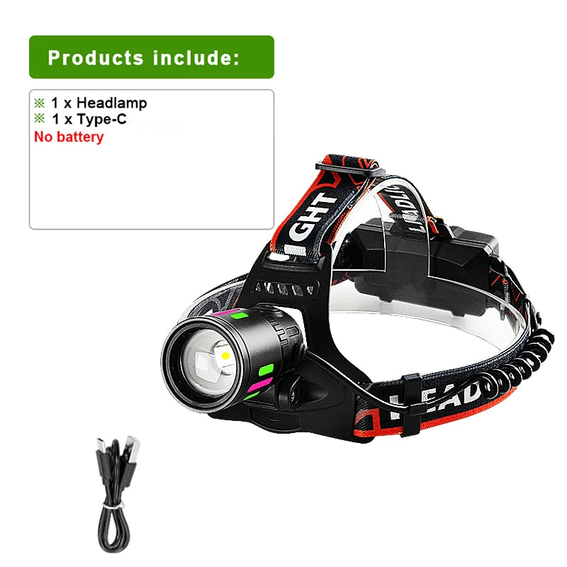 lampe frontale noire rayures blanches logo headlight batterie rechargeable mode camping pêche chasse USB
