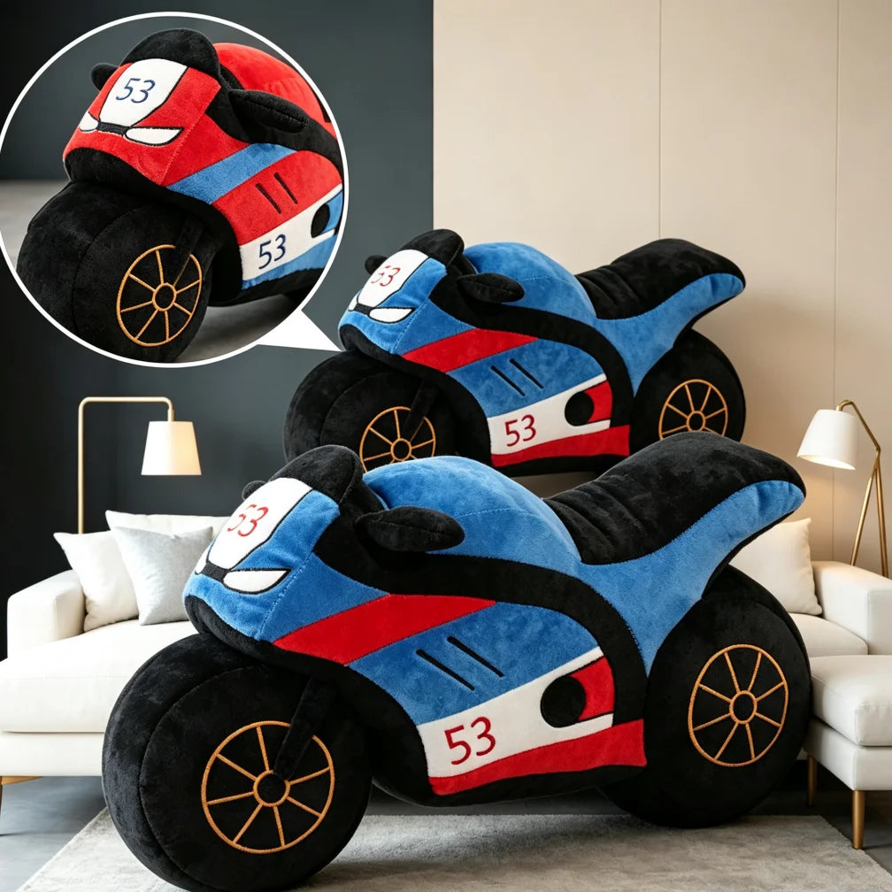 motocyclette peluche bleu rouge moderne sportif numéro 53 détails dorés