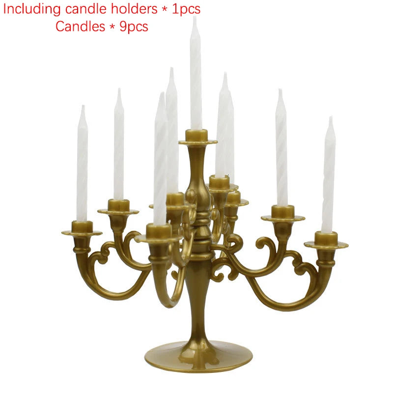 décoration anniversaire bougeoir or argent rose classique cinq branches tiges blanches base plate