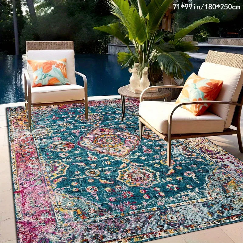 tapis bohème géométrique ornements floraux bleu rouge jaune vert noir salon chambre extérieur